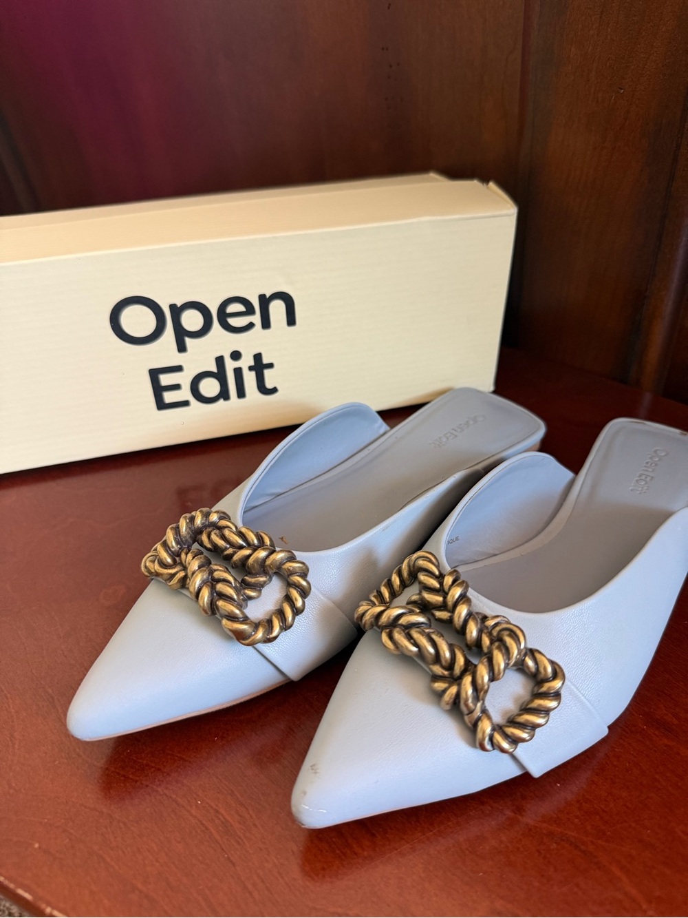 Open Edit Women's Pointed Toe Mule with Gold Chain Accent - Light Blue